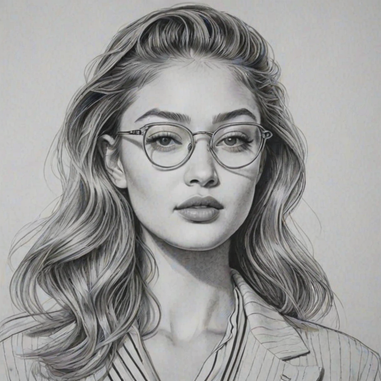 Graceful Gigi Hadid, pencil sketch, portrait of Fascinating woman 1947s in glasses, hair style beatnik, outline, clear lines, fine lines, 8k