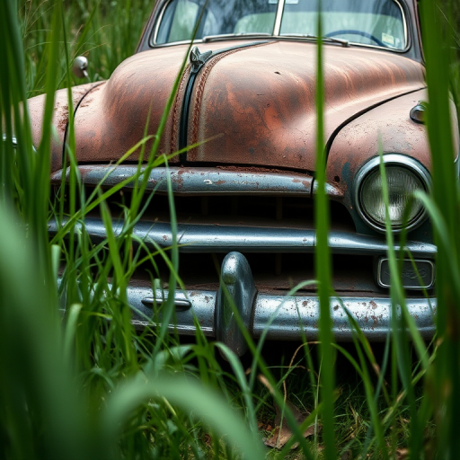 an abandoned vintage car partially hidden in tall grass with a focus on the rusted front and damaged hood, shot at f/2.8, shutter speed 1/200s, ISO 100, at a low angle with a wide-angle lens for depth, using a DSLR camera