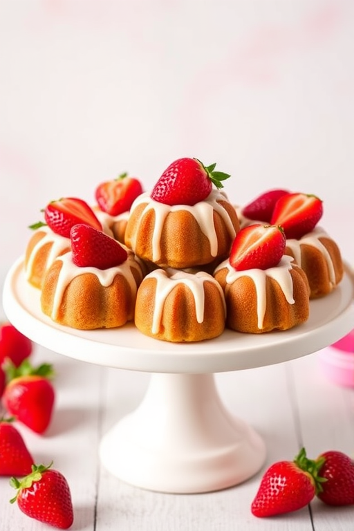 A beautifully arranged display of mini bundt cakes topped with fresh strawberries and drizzled with a creamy icing on a white porcelain cake stand with a soft pastel background.