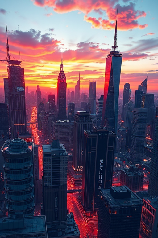 Create a high-resolution illustration of a futuristic city skyline at sunset with vibrant colors, using a DSLR camera at f/8, ISO 200, 1/125s, wide-angle view, with a focus on dynamic lighting effects and intricate architectural details.