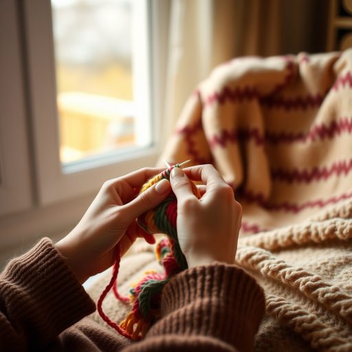 Warmly lit photo of a pair of hands knitting a colorful scarf, soft light from a nearby window illuminating the yarn and needles, with a cozy blanket draped over the lap in the background.