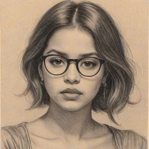 Fascinating Isabela Moner, pencil sketch, portrait of Magnificent woman 1922s in glasses, hair style beatnik, outline, clear lines, fine lines, 8k