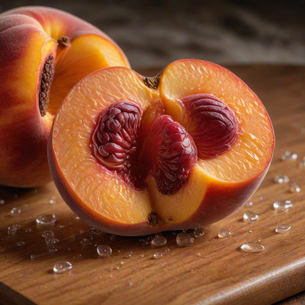 A hyperdetailed photorealistic macro color saturated high resolution image of a peach cut in half, with the peach pit being a highly detailed sculpted woman's face with her eyes open and peach-colored irises. The face has a marble texture. The image includes condensation, moisture, and peach juice. The peach is on a wooden cutting board with a small fruit knife nearby, also covered with juice.