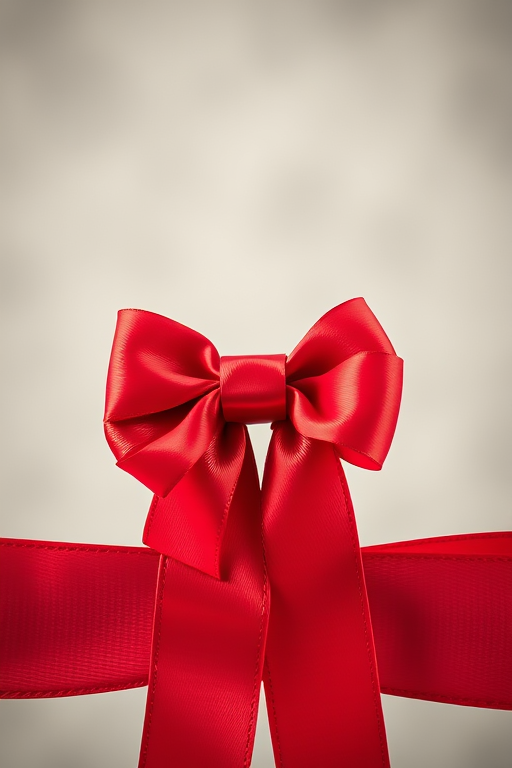Create a high-resolution image of a red bow on a ribbon, captured with a DSLR camera at f/2.8, 50mm lens, with soft lighting and a blurred background for contrast.