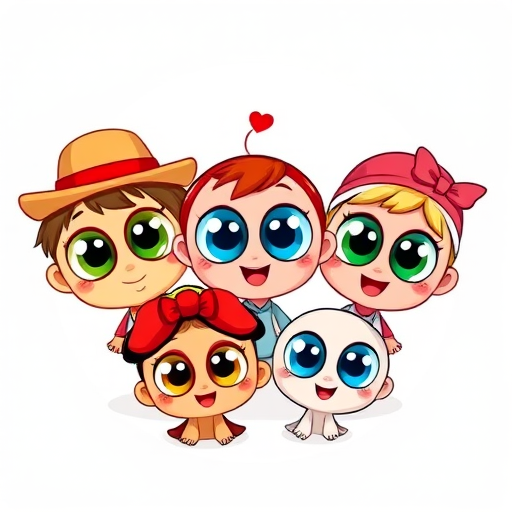 Create a colorful illustration of five cute cartoon characters with large eyes, each wearing different hats such as a straw hat, a bowler hat, a red cap, and a headband with a bow, in a bright and cheerful style, using a digital drawing tablet, with a resolution of 300 DPI, vibrant colors, and a clean, flat design.