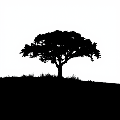 Create a high-resolution image of a simple black silhouette of a tree on a white background, taken with a DSLR camera at f/8 aperture, ISO 200, and a focal length of 50mm, using a standard lens for sharpness and clarity.