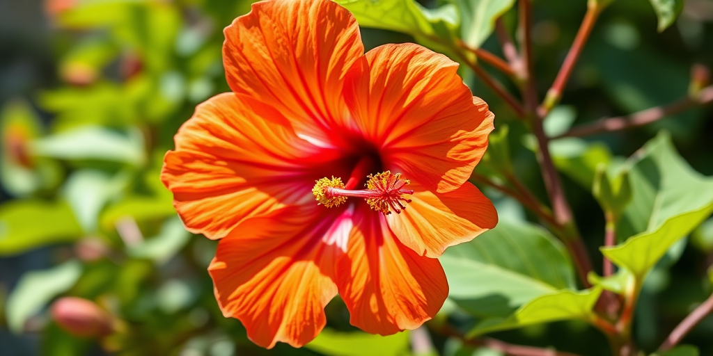 Generate a vibrant hibiscus flower illustration with rich orange petals and green leaves, using a macro lens setting, f-stop at f/2.8, ISO 100, sunlight for natural lighting, rendered in a digital art style with high resolution.