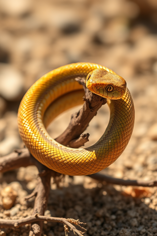 A close-up shot of a golden snake coiled around a dried branch in a desert environment, using a Canon EOS 5D Mark IV camera with a 50mm f/1.8 lens, aperture set to f/2.8, ISO 400, and a shutter speed of 1/200 sec, captured in natural light for enhanced detail and texture.