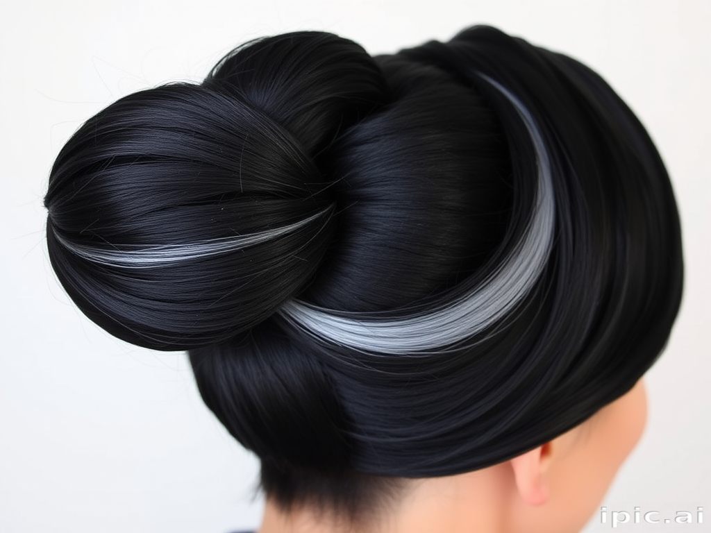 Jet black hair styled in a sleek and polished top knot with razor-sharp edges, featuring a single streak of vibrant silver running through it, embodying elegance with a twist called Midnight Eclipse