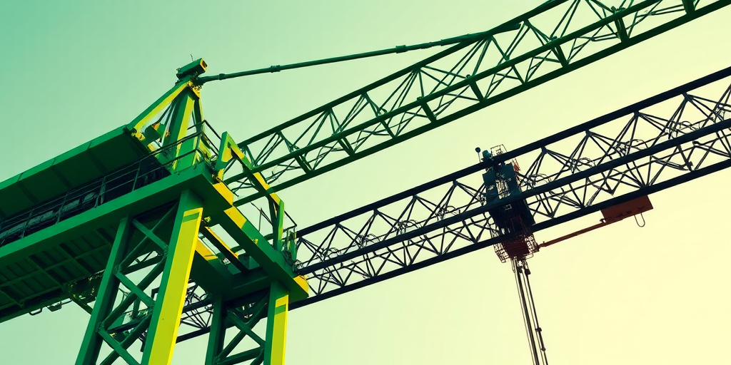 Create a high-resolution vector illustration of an abstract crane structure with a green color scheme, using a 50mm lens, f/8 aperture, ISO 100, shot from a low angle to emphasize height and detail.