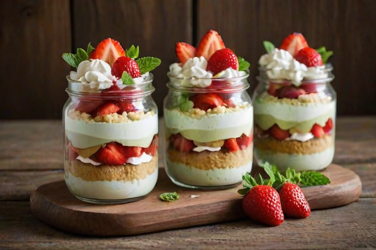 Create an image of layered dessert jars featuring sponge cake, fresh strawberries, whipped cream, and mint leaves, arranged beautifully on a wooden platter. Include small flowers for decoration and a rustic setting.