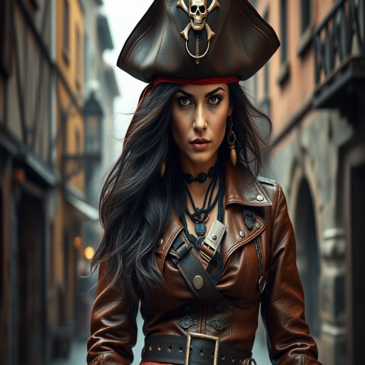 Create a portrait of a fierce female pirate. She wears a leather tricorn hat adorned with a skull and crossbones emblem, and her long, dark hair flows around her face. Her outfit consists of a richly detailed leather jacket, a corset, and multiple layers of belts and accessories, giving her a formidable and stylish appearance. She stands confidently in a dimly lit, historic port town, with a backdrop of weathered buildings and cobblestone streets, capturing the adventurous spirit of a pirate.