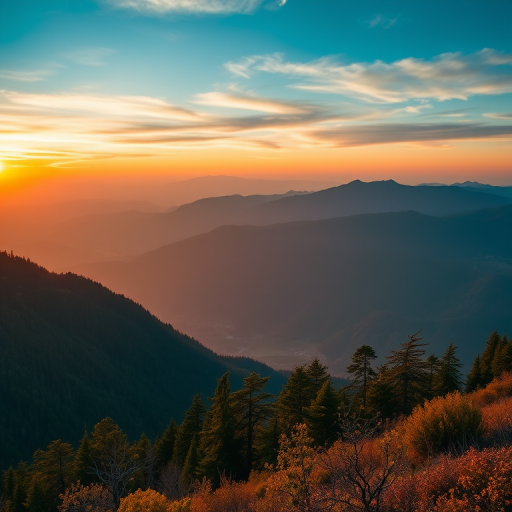Generate a high-resolution digital artwork of a serene mountain landscape at sunset, using a DSLR camera with a 24mm lens, aperture f/8, ISO 100, 1/125 sec exposure, and vibrant color processing for enhanced detail and clarity.