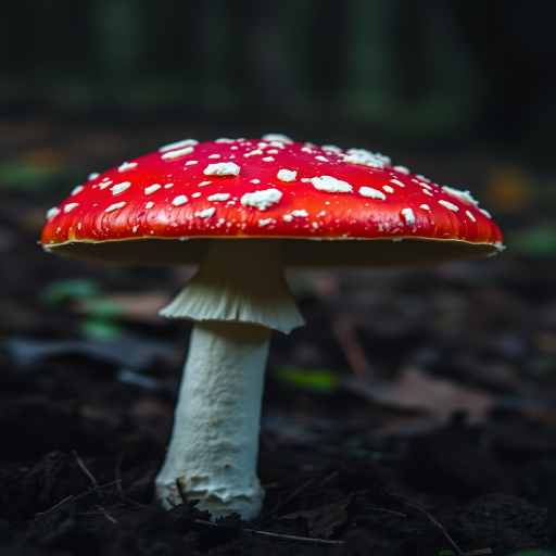 A vibrant red mushroom with white spots in a dark, moody forest setting, captured with a macro lens, f/2.8 aperture, ISO 100, 50mm focal length, side lighting to emphasize texture and colors, soft focus background.