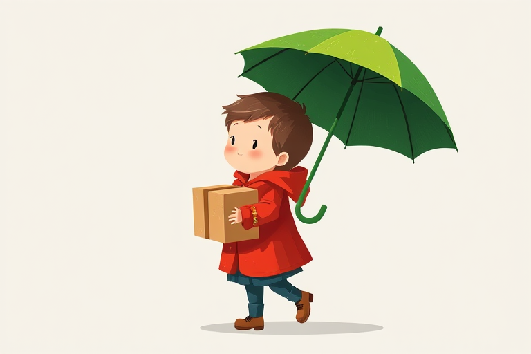 Create a vibrant illustration of a child in a red coat holding a box and a green umbrella, set against a light gray background, with a slight motion blur to suggest wind, using a Canon EOS R5, 50mm lens, f/1.8 aperture, ISO 100, at a 1/1000 second shutter speed.