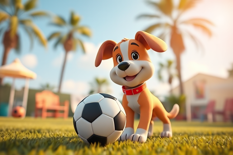 Create a vibrant animated scene featuring a cartoon dog character with a soccer ball in a sunny outdoor setting, captured with a Canon EOS R5, 50mm lens, f/1.8 aperture, ISO 100, at a low angle to enhance depth and focus on the character, with soft lighting to accentuate details and colors.