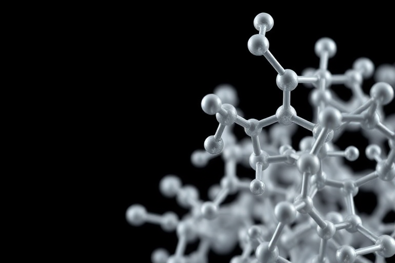 highly detailed 3D rendering of a complex molecular structure, use a Canon EOS R5 with a 50mm f/1.2 lens, aperture f/8, ISO 100, focus stacked, high dynamic range, studio lighting, black background