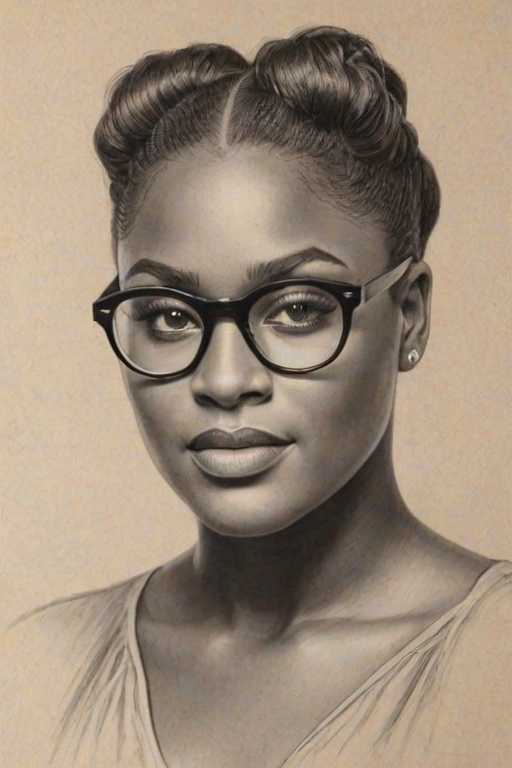 Resplendent Danielle Brooks, pencil sketch, portrait of Wonderful woman 1930s in glasses, hair style beatnik, outline, clear lines, fine lines, 8k