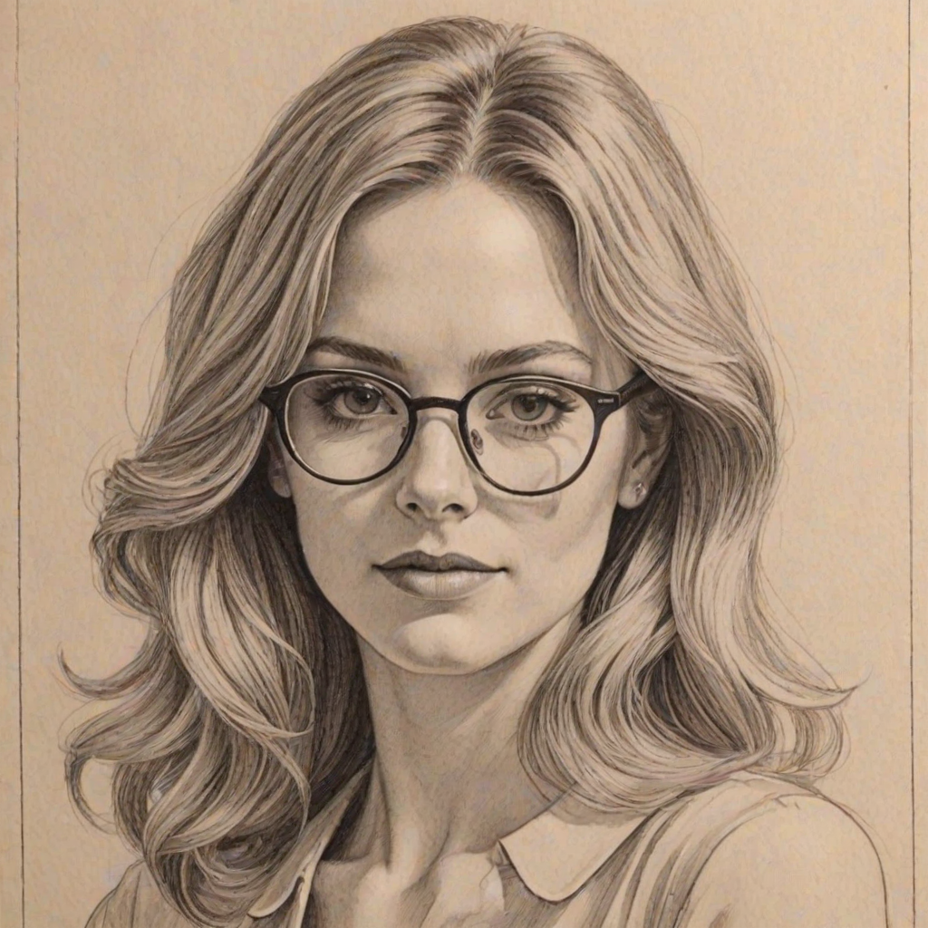 Resplendent Zoe Laverne, pencil sketch, portrait of Gorgeous woman 1971s in glasses, hair style beatnik, outline, clear lines, fine lines, 8k