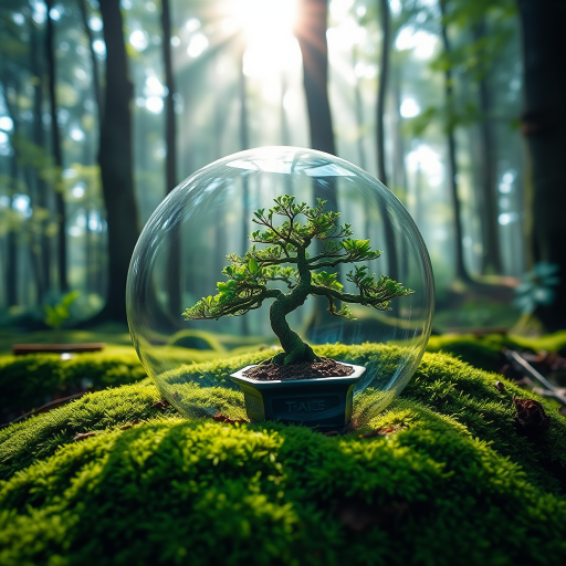 A serene forest scene featuring a bonsai tree surrounded by a transparent bubble, lush green moss, soft morning light filtering through trees, with a shallow depth of field, captured using a Canon EOS R5 with a 50mm f/1.2 lens at ISO 100, aperture f/2.8, shutter speed 1/200s.