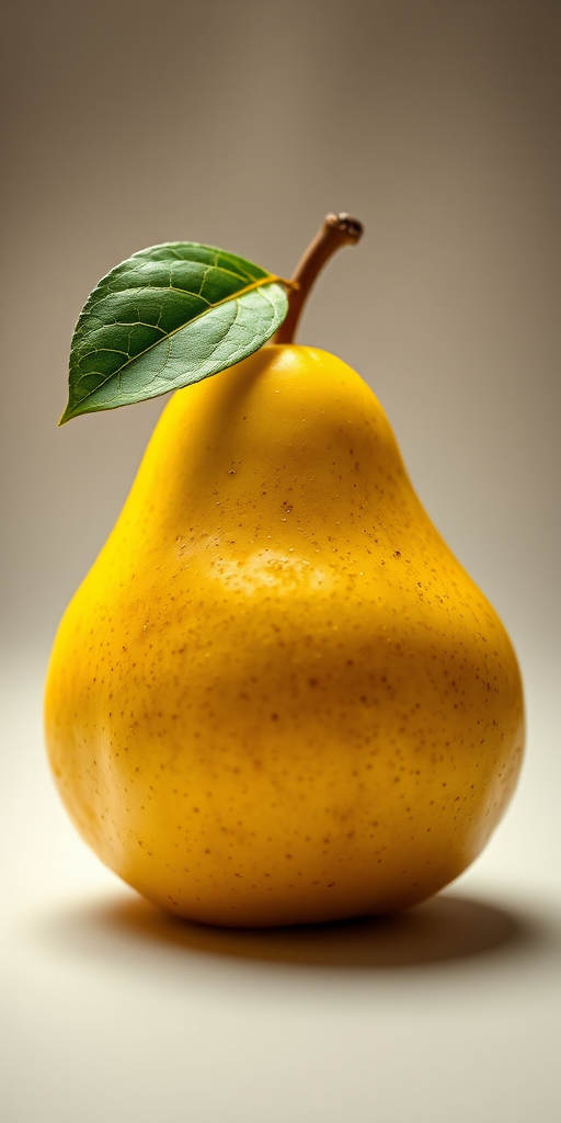 Generate a hyper-realistic image of a yellow pear with a green leaf, using a 50mm lens, f/2.8 aperture, ISO 100, soft natural lighting, and a shallow depth of field, shot in a studio setting.