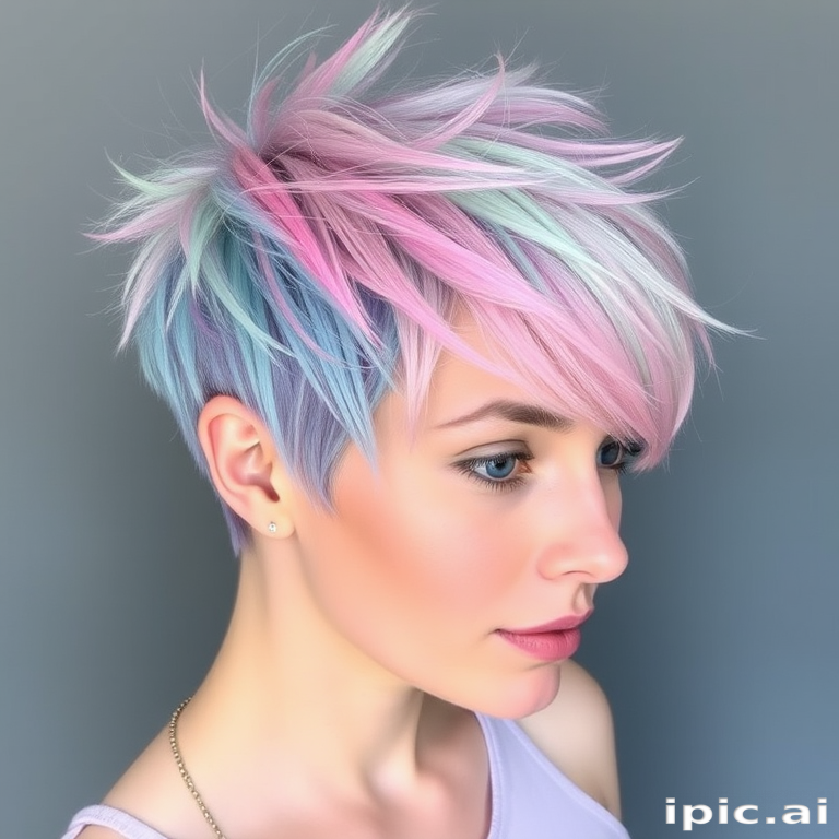 Ethereal beauty sports Pastel Rainbow pixie cut, featuring soft pastel shades of pink, blue, lavender, and mint green expertly blended in a textured, spiky style