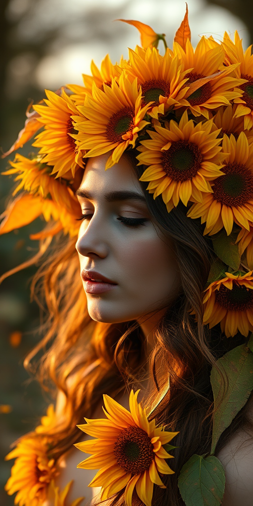 Create an ethereal portrait of a woman with flowing hair made of sunflowers and autumn leaves, captured with a Canon EOS R5 at f/2.8, ISO 100, with a 50mm lens in soft golden hour light, focusing on vibrant colors and intricate details.