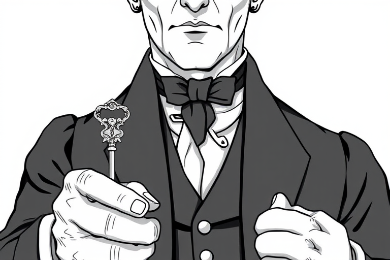 Regenerate the image of a Victorian gentleman holding a key, using a DSLR camera with a 50mm f/1.8 lens, aperture set to f/2.8, ISO 100, soft diffused lighting, portrait view, in black and white illustration style.