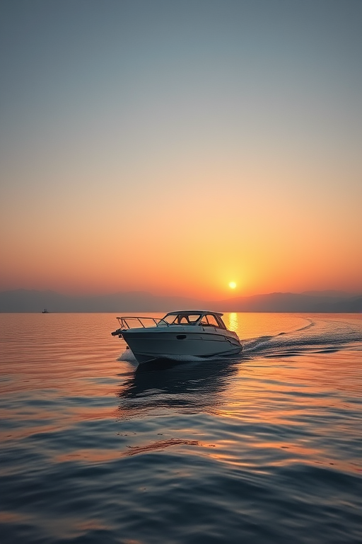 Regenerate an image of a boat cruising on calm water during sunset with gentle mountains in the background, using a DSLR camera with a 50mm lens, aperture f/8, shutter speed 1/200s, and ISO 200, captured from an eye-level view to enhance clarity and detail.