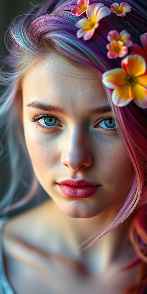 Generate a high-resolution portrait of a young woman with vibrant, multicolored hair adorned with flowers, emphasizing intricate facial details, soft natural lighting, 85mm lens, f/1.8 aperture, ISO 100, with a shallow depth of field to create a dreamy background effect.