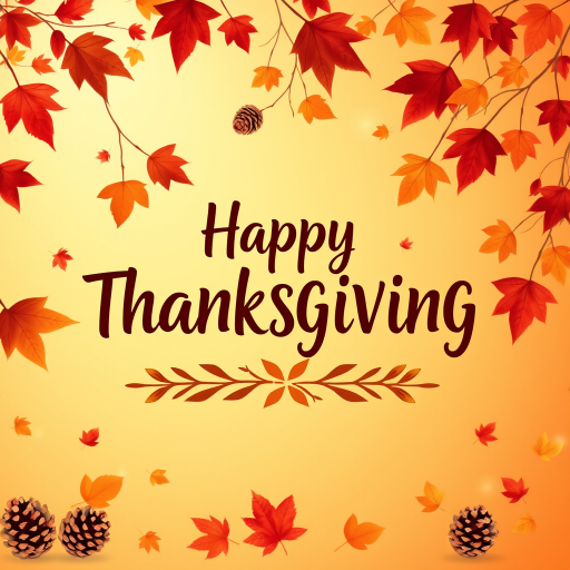 Create a warm and festive autumn-themed image with a gradient background of orange and yellow hues. Include a variety of falling leaves in shades of red, orange, and brown. In the center, display the text "Happy Thanksgiving" in a stylish and inviting font, using a dark brown color for contrast. Add subtle decorative elements like pine cones and additional leaves for a cozy, seasonal feel.