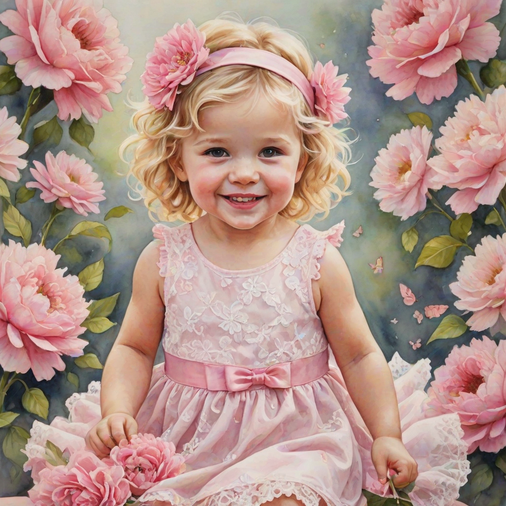 hyperrealism happy smiling toddler girl with messy wavy blonde hair with a headband, she is wearing a pink and white lace dress with pink and white shoes, she is holding a pink bouquet of flowers. Pink flowers and butterflies. summer background. Watercolor Highly detailed