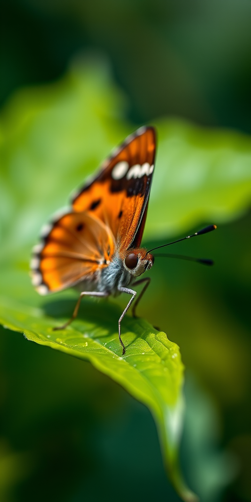 Capture a close-up of a brown butterfly resting on a green leaf with a shallow depth of field, using a DSLR camera, 100mm macro lens, aperture f/2.8, ISO 200, and soft natural lighting for enhanced image quality.