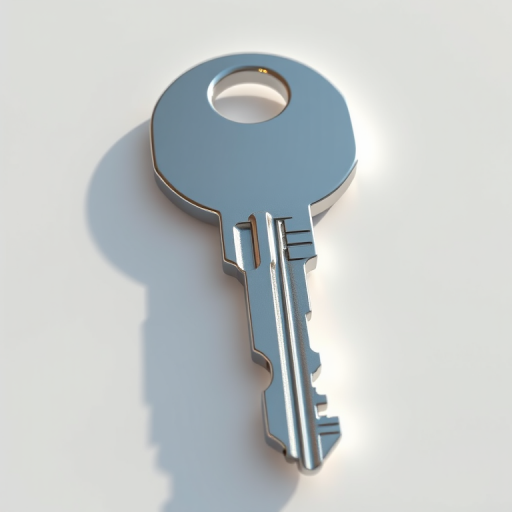 Create a high-resolution 3D render of a metallic key with a shiny silver finish, captured from a top-down view, using a DSLR camera at f/2.8 aperture, 50mm lens, ISO 100, in bright natural light to enhance reflections and details.