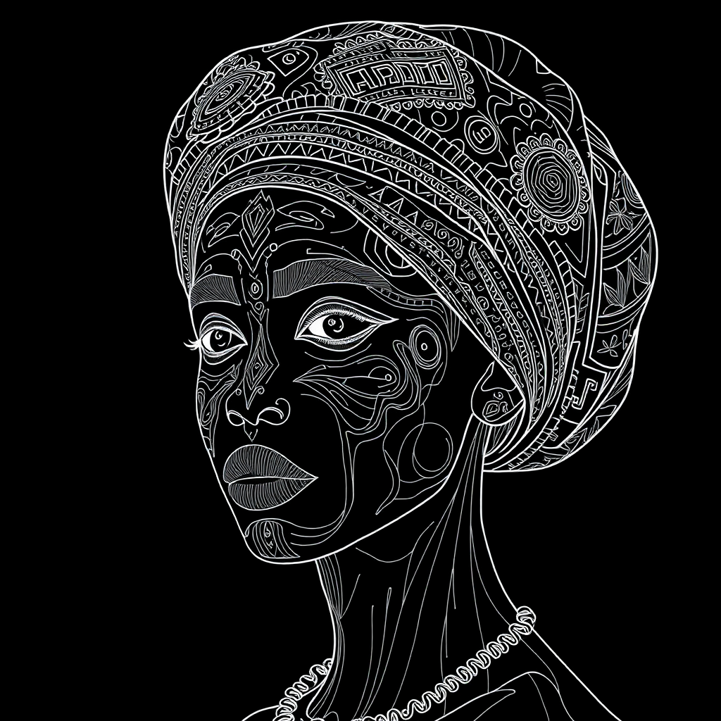 Create a highly detailed line art portrait of a person with intricate patterns on their headgear, set against a solid black background, using a Canon EOS R5 camera, 50mm lens, f/1.8 aperture, ISO 100, 1/125 sec shutter speed, and a soft focus effect to enhance depth and contrast.