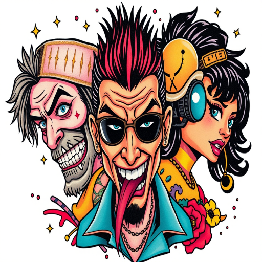 New school tattoo named "Pop Culture Fusion" showcasing bold, cartoonish characters and exaggerated features with a vibrant color palette, incorporating elements from various subcultures and pop art influences