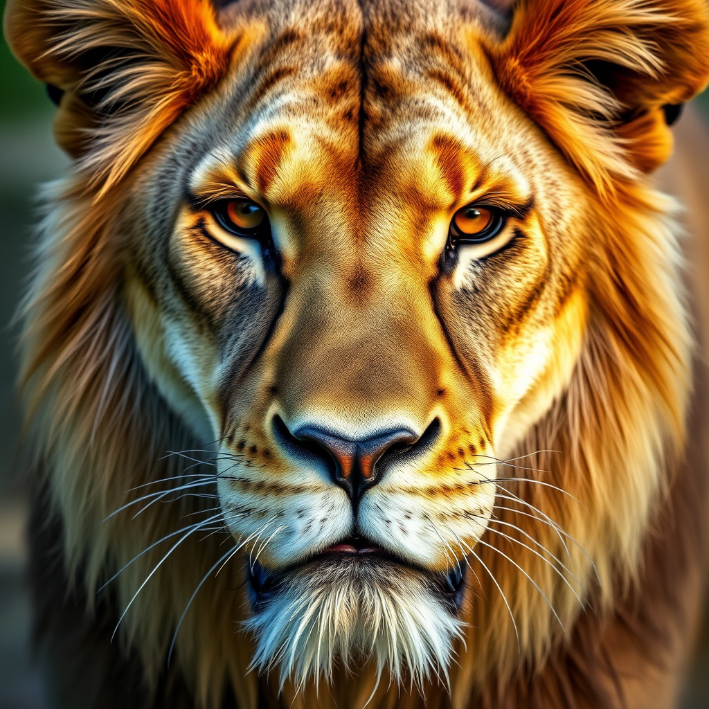 Close-up portrait of a lion with sharp focus on the face, natural light, f/2.8 aperture, ISO 100, 50mm lens, shallow depth of field, DSLR camera, captured at eye level, vibrant colors and high detail.