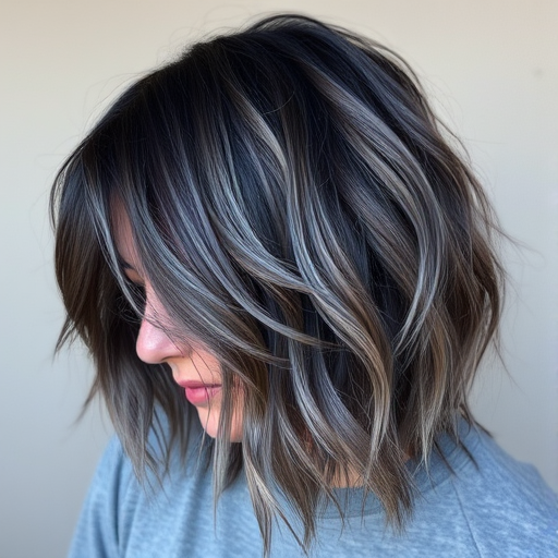 Grunge-chic hair style displaying choppy layers with dark roots blending into a smoky charcoal gray with subtle purple undertones