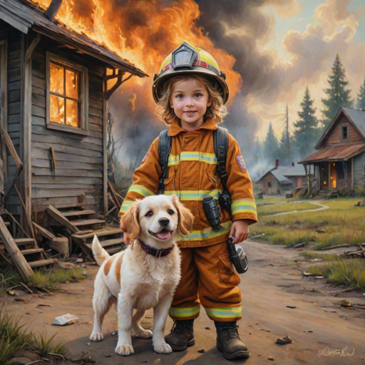 airbrushed oil painting, pixar style, cute little girl in fireman gear, helmet, tousled hair, expressive eyes, standing in the doorstep of a cottage burning behind him, holding a cute little dog in her arm, atumn sky