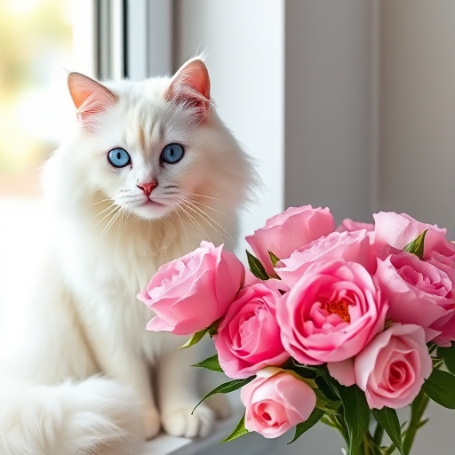 A fluffy white cat with striking blue eyes sitting beside a bouquet of pink peonies and roses in a bright indoor setting next to a window with soft natural light.