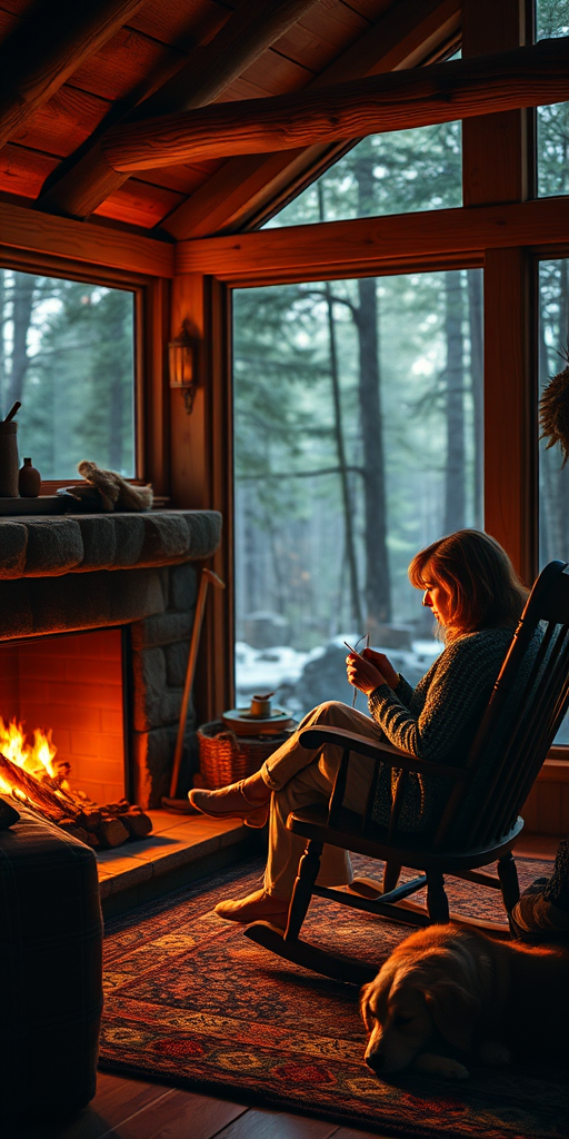 Cozy cabin in the woods, the sound of a crackling fireplace filling the room, a woman sits in a rocking chair, knitting by the fire, her dog curled up at her feet.