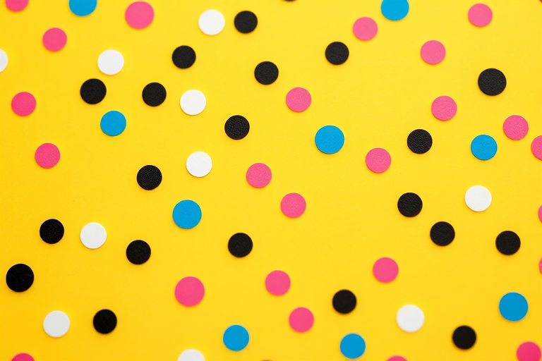 Create a vibrant yellow background with scattered polka dots in pink, blue, black, and white, shot with a DSLR camera at f/1.8, ISO 200, using a macro lens for sharp detail and vivid colors, in natural light.