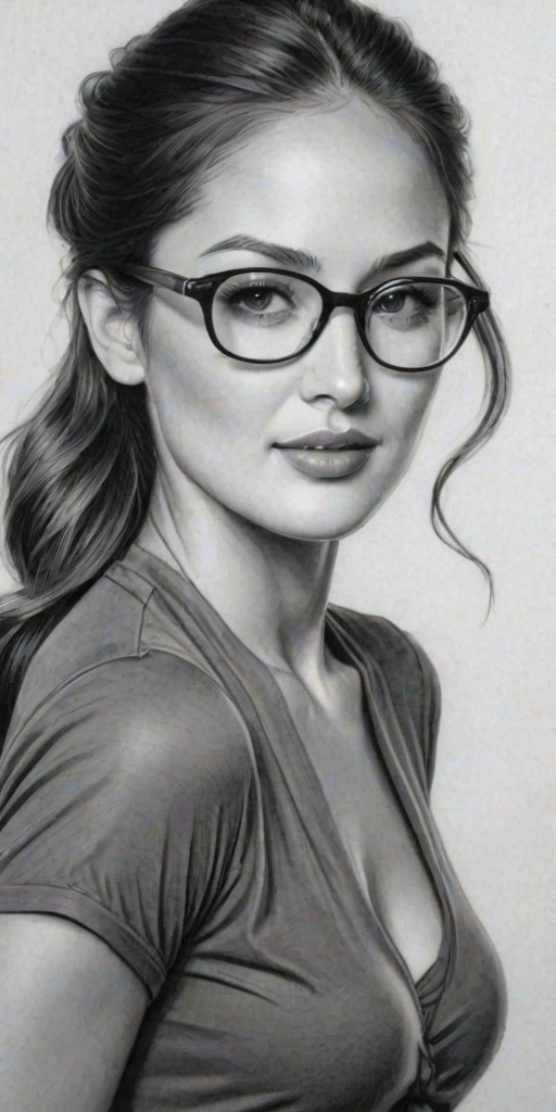 Charming Minka Kelly, pencil sketch, portrait of Radiant woman 1942s in glasses, hair style beatnik, outline, clear lines, fine lines, 8k
