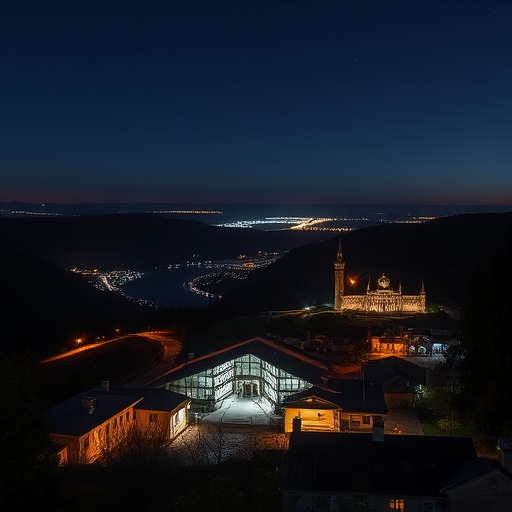 Capture a scenic nighttime view of a small town with illuminated buildings and a distant horizon, using a full-frame camera at ISO 800, f/4 aperture, 30 seconds exposure, and a 50mm lens to enhance details and depth of field.