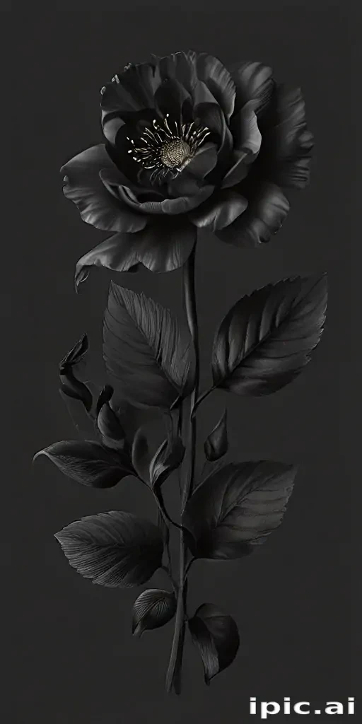 Elegant Black Rose with Intricate Petals and Lush Green Leaves on Dark ...