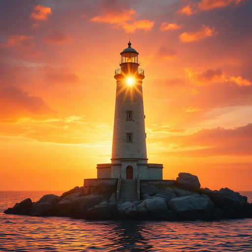 Generate an image of a tall lighthouse perched on a rocky outcrop surrounded by calm ocean waters during a breathtaking sunset. The lighthouse stands sturdy and weathered, its stone surface illuminated by the warm golden light of the setting sun. The sun's rays pass directly through the glass lantern room at the top of the lighthouse, casting a brilliant light across the scene. The sky is painted with vibrant shades of orange, pink, and purple, reflecting off the tranquil sea. The surrounding water shimmers with the same warm hues, creating a serene and majestic atmosphere.