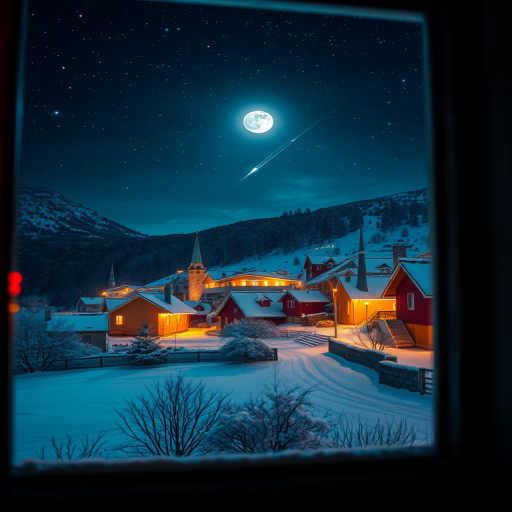 A colorful night scene of a snowy village viewed from a window, with a bright moon in a starry sky, painted in vibrant colors; camera settings: ISO 200, f/4.0, 1/60s; camera view: portrait; camera style: saturated colors, soft focus; camera type: DSLR.