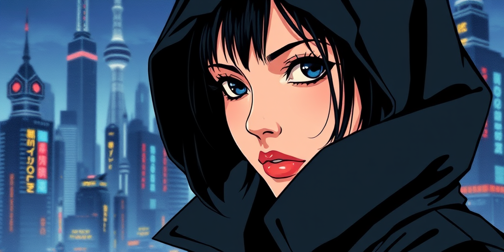 drawing of a closeup on face of woman wearing a long black trench-coat futuristic city in the background in the style of the 90s anime Akira