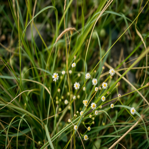 Regenerate the image of delicate grasses and small flowers in a natural setting with soft focus, using a 50mm lens, aperture f/2.8, shutter speed 1/250s, ISO 100, top-down view, natural light, and a DSLR camera for enhanced image quality.