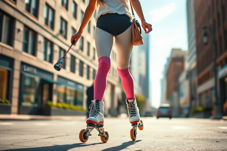 Create an image of a woman rollerblading on a city street, with a focus on her outfit transitioning from white to pink leggings, captured with a 50mm lens, f/2.8 aperture, ISO 100, in bright daylight, from a slightly low angle to emphasize movement and style, using a DSLR camera.